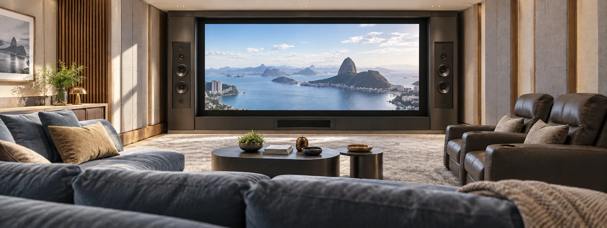 Cinema em casa com tela ampla, caixas de som e iluminação indireta