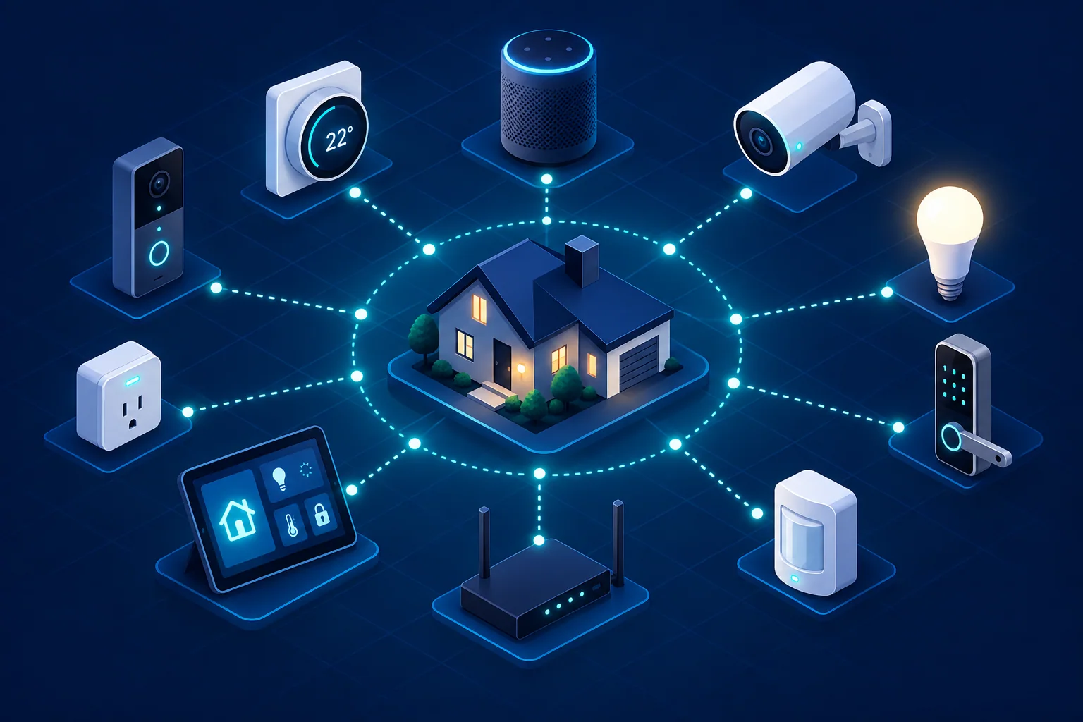 Ilustração isométrica de uma casa conectada a sensores, câmeras, iluminação e dispositivos inteligentes