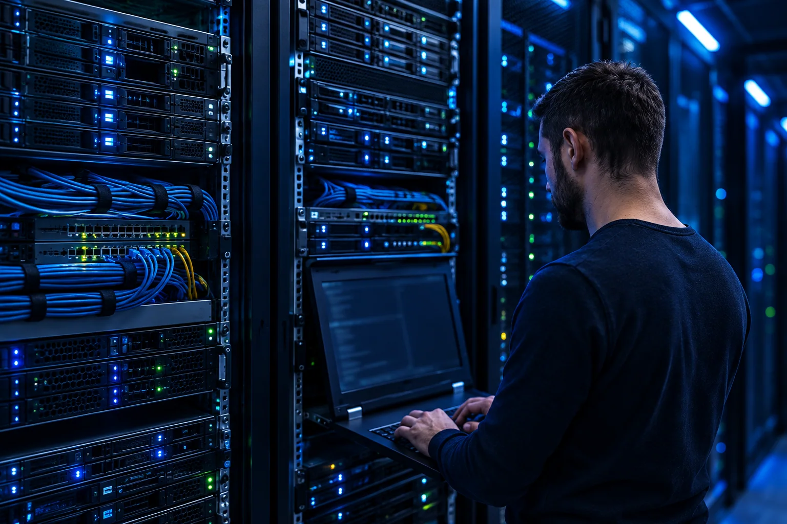 Profissional de TI diante de racks de servidores e equipamentos de rede
