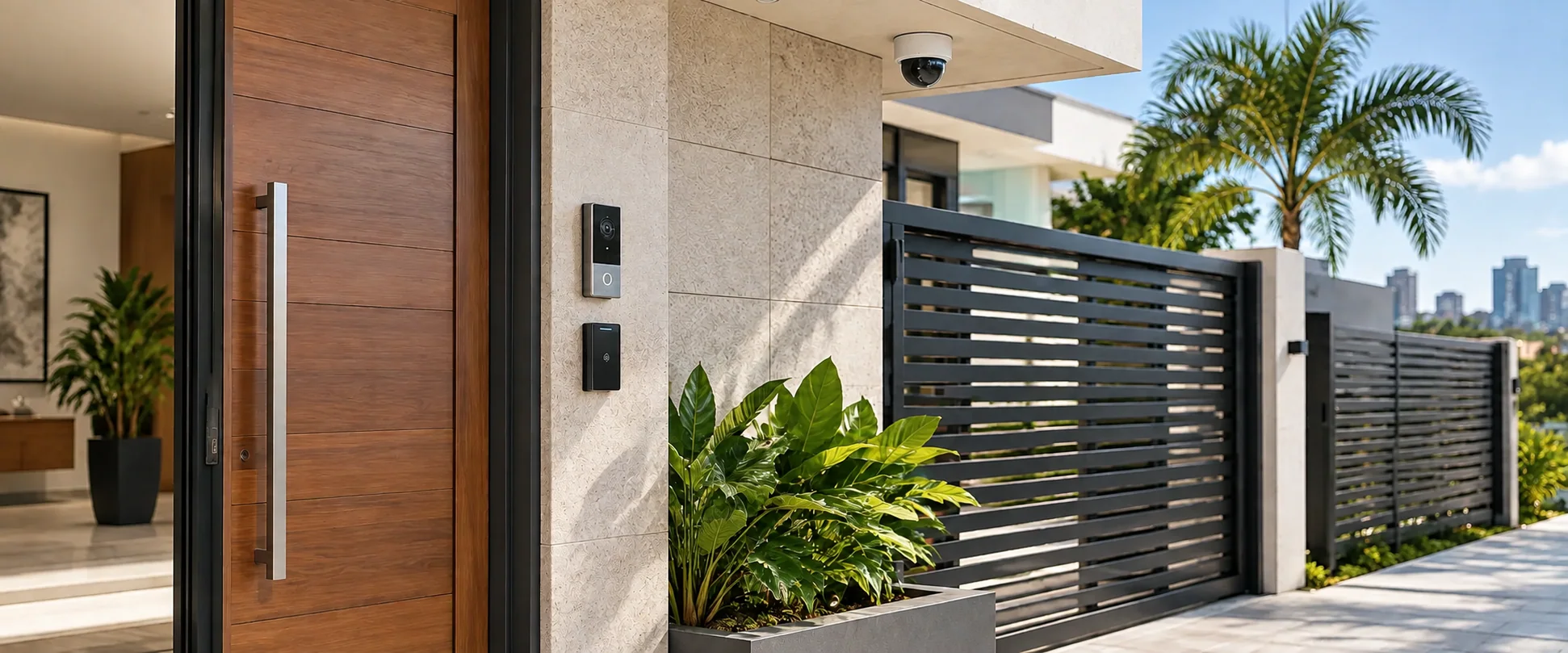 Entrada residencial com câmera, videoporteiro e controle de acesso